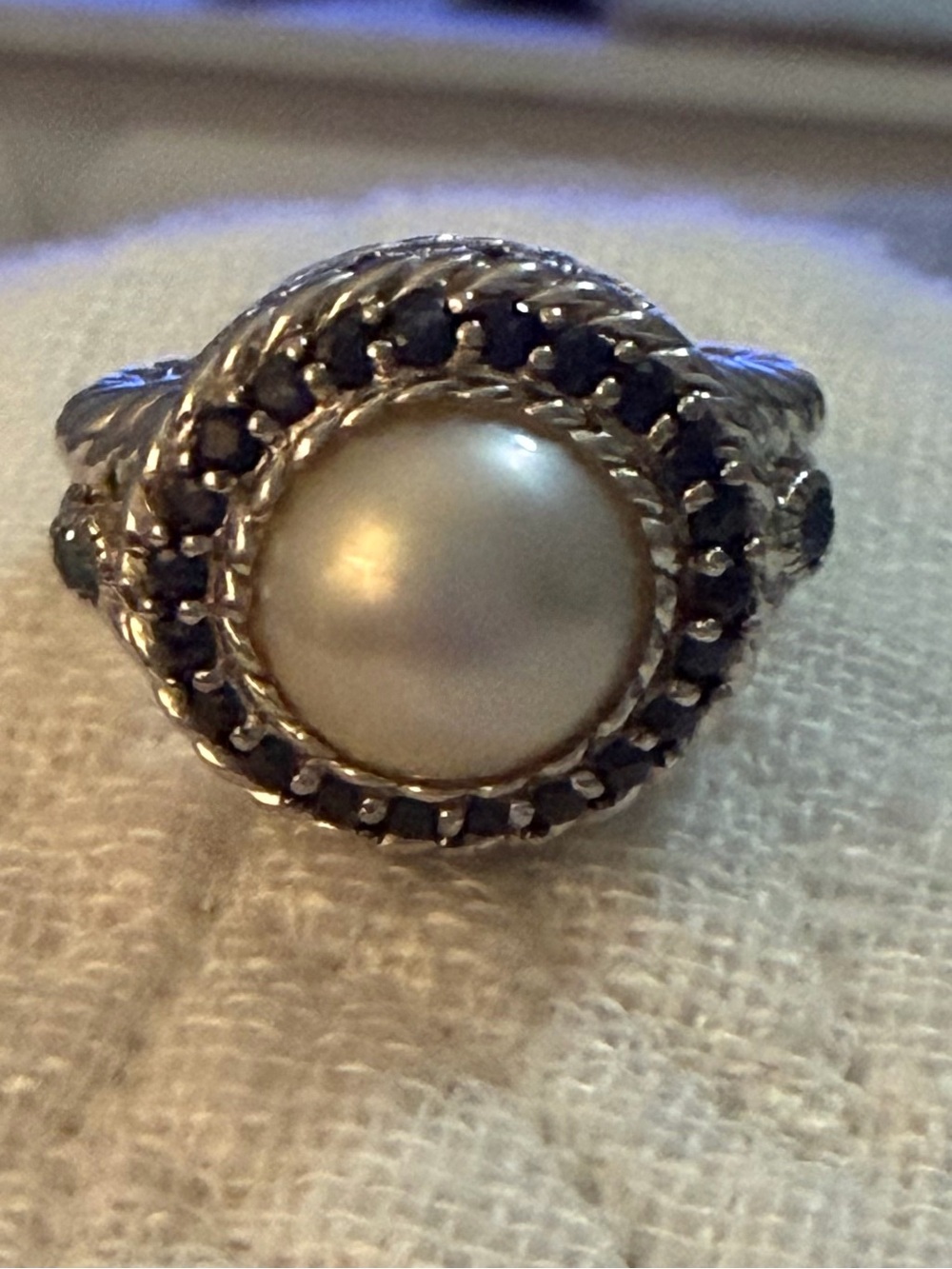 Judith Ripka White Pearl Ring with Blue Accent Halo